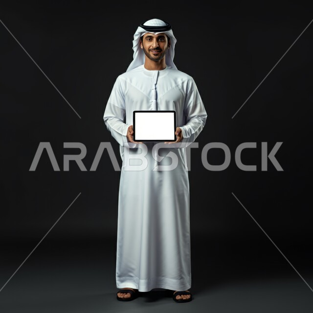 استخدام الجهاز اللوحي في إنجاز العمل، عرض شاشة  بيضاء فارغة على الأجهزة التقنية، استعمال التكنولوجيا الحديثة والمتطورة للتعلم، بورتريه لرجل عربي خليجي اماراتي يرتدي الكندورة  والغترة يمسك بيده التابليت يقوم بمتابعة أخبار وسائل التواصل الإجتماعي، خلفية سوداء