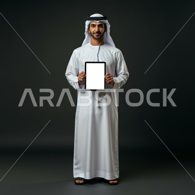 Using a tablet to complete work, displaying a blank white screen on technical devices, using modern and advanced technology for learning, portrait of an Arab Gulf Emirati man wearing a kandura and a ghutra holding a tablet in his hand, following social media news, black background