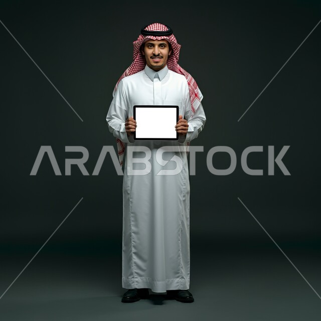 Using a tablet to complete work, displaying a blank white screen on technical devices, using modern and advanced technology for learning, portrait of a Saudi Arabian Gulf man wearing a traditional thobe and shemagh holding a tablet in his hand, following social media news, black background
