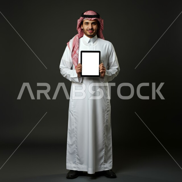استخدام الجهاز اللوحي في إنجاز العمل، عرض شاشة  بيضاء فارغة على الأجهزة التقنية، استعمال التكنولوجيا الحديثة والمتطورة للتعلم، بورتريه لرجل عربي خليجي سعودي يرتدي الثوب التقليدي والشماغ يمسك بيده التابليت يقوم بمتابعة أخبار وسائل التواصل الإجتماعي، خلفية سوداء