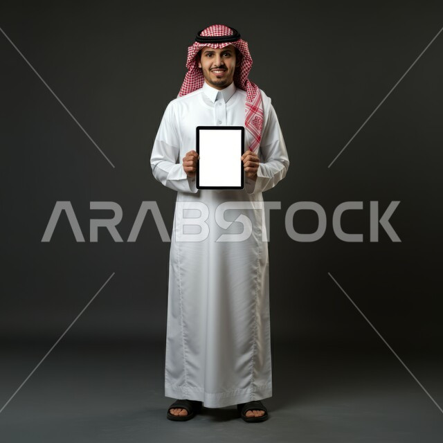 استخدام الجهاز اللوحي في إنجاز العمل، عرض شاشة  بيضاء فارغة على الأجهزة التقنية، استعمال التكنولوجيا الحديثة والمتطورة للتعلم، بورتريه لرجل عربي خليجي سعودي يرتدي الثوب التقليدي والشماغ يمسك بيده التابليت يقوم بمتابعة أخبار وسائل التواصل الإجتماعي، خلفية سوداء