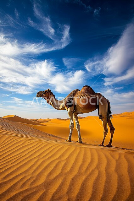 تربية الجمال والابل في المحميات الطبيعية في المملكة العربية السعودية ، جمل عربي أصيل  وسط الصحراء في النهار، التلال و الكثبان الرملية، الرمال الذهبية الناعمة، الاهتمام ورعاية المواشي والثدييات في الصحاري، خلفية الطبيعة