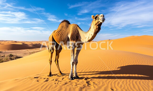 تربية الجمال والابل في المحميات الطبيعية في المملكة العربية السعودية ، جمل عربي أصيل  وسط الصحراء في النهار، التلال و الكثبان الرملية، الرمال الذهبية الناعمة، الاهتمام ورعاية المواشي والثدييات في الصحاري، خلفية الطبيعة