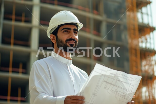 الاهتمام بالتطور العمراني, صورة مقربة لمهندس عربي خليجي سعوي يرتدي الثوب التقليدي وخوذة الحماية البيضاء ينظر إلى مكان ما يحمل بيده  المخطط الهندسي للمشروع, العمل في مقر الإنشاءات في النهار