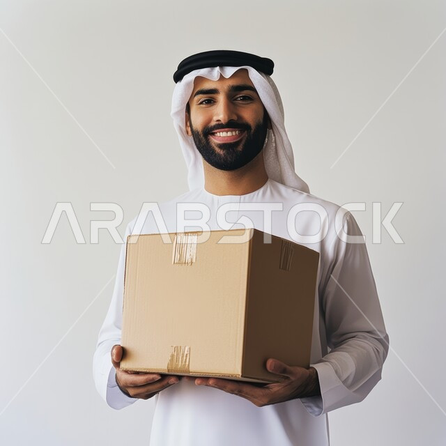التسوق وطلب المنتجات عبر الإنترنت، عملية توصيل الطلبات للزبائن، خدمات الشحن و التوصيل ذات الجودة العالية، بورتريه مقرب لمندوب عربي الامارات خليجي يرتدي الغترة والكندورة ينظر الى الكاميرا يحمل بيده صندوق كرتوني، خلفية بيضاء