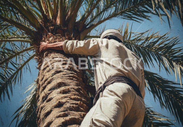 منتجات ومحاصيل محلية، صورة من الاسفل لفلاح عربي خليجي سعودي يرتدي زي الحصاد والعمامة يقوم بتسلق شجرة التمر لقطفها، جني ثمار التمور في المزارع السعودية، قضاء وقت العمل في الهواء الطلق، مهن تقليدية شعبية