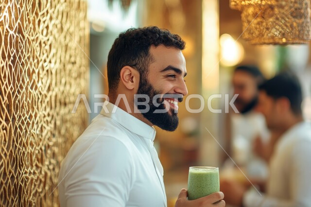 الإستمتاع بشرب المشروبات الباردة, صورة مقربة من الجانب  لرجل عربي خليجي سعودي مبتسم يرتدي الثوب التقليدي يحمل بيده كأس من العصير, ايماءات السعادة والسرور لحضور الأفراح والحفلات، الأناقة والاهتمام بالمظهر الخارجي