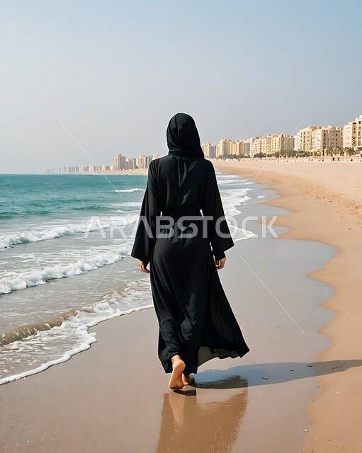 Trips to the beaches of the Kingdom of Saudi Arabia, enjoying the natural scenery in coastal and tourist places, a picture from the back of a veiled Saudi Arabian Gulf woman wearing a black dress contemplating the sea view during the day