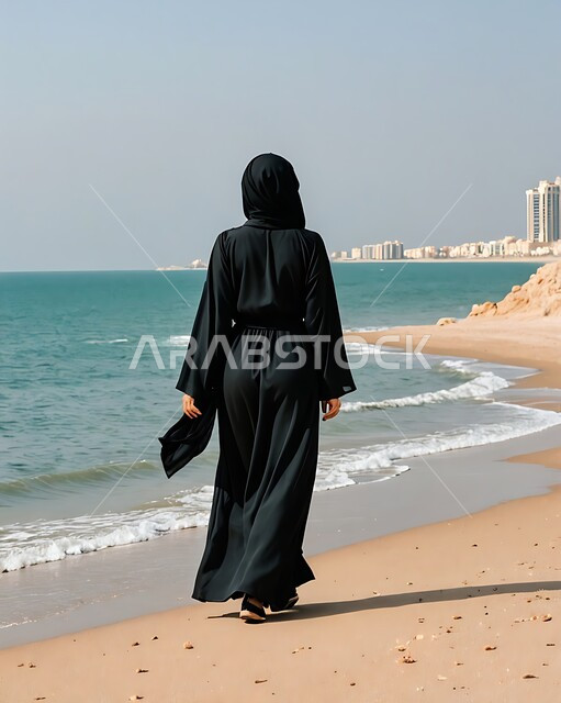 Trips to the beaches of the Kingdom of Saudi Arabia, enjoying the natural scenery in coastal and tourist places, a picture from the back of a veiled Saudi Arabian Gulf woman wearing a black dress contemplating the sea view during the day