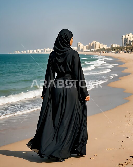 Trips to the beaches of the Kingdom of Saudi Arabia, enjoying the natural scenery in coastal and tourist places, a picture from the back of a veiled Saudi Arabian Gulf woman wearing a black dress contemplating the sea view during the day