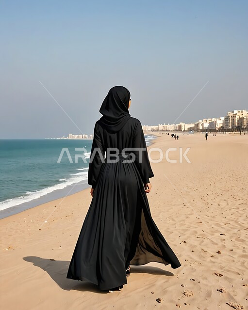 Trips to the beaches of the Kingdom of Saudi Arabia, enjoying the natural scenery in coastal and tourist places, a picture from the back of a veiled Saudi Arabian Gulf woman wearing a black dress contemplating the sea view during the day