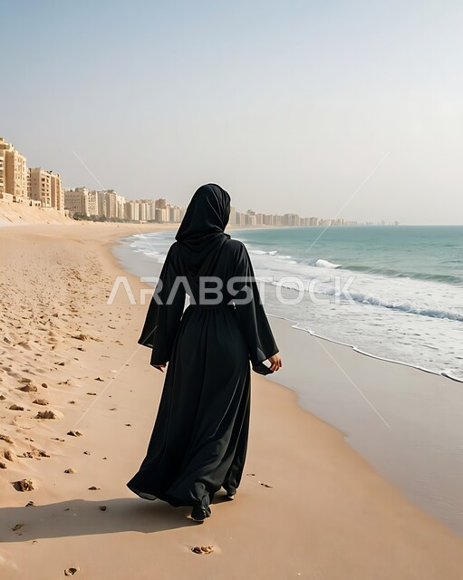  الرحلات الى شواطئ المملكة العربية السعودية, الاستمتاع بالمناظر الطبيعية في الأماكن الساحلية والسياحية، صورة من الخلف لامرأة عربية خليجية سعودية محجبة ترتدي فستان اسود تتأمل منظر البحر وقت النهار