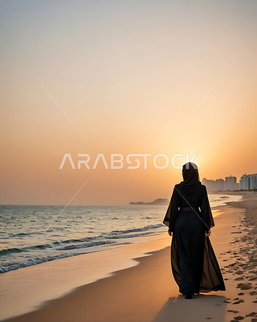  الرحلات الى شواطئ المملكة العربية السعودية, الاستمتاع بالمناظر الطبيعية في الأماكن الساحلية والسياحية، صورة من الخلف لامرأة عربية خليجية سعودية محجبة ترتدي فستان اسود تتأمل منظر البحر وقت النهار