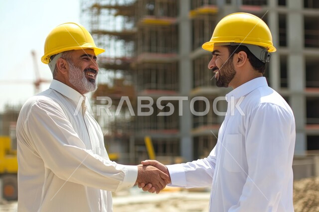 مهن ووظائف هندسية، صورة مقربة لمهندسين عربيين سعوديين خليجيين يرتديان الثوب التقليدي وخوذة الحماية يقومان بالتصافح والتعارف لبدء مشروع هندسي جديد، تبادل الاحاديث والنقاش لتطوير الخطط والمشاريع المعمارية، التعامل والتشارك في أعمال البناء