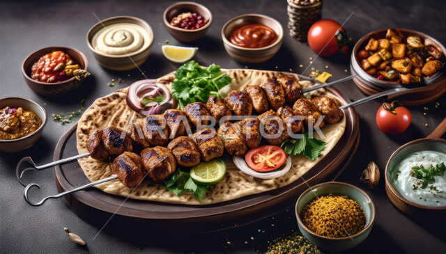وجبات غذائية صحية غنية بالبروتينات، فنون تقديم الأطعمة الشرقية اللذيذة في مطاعم المملكة العربية السعودية، أسياخ لحم الضأن والخضراوات المشوية مع الصلصات المتنوعة، مأكولات وأطباق عربية تقليدية