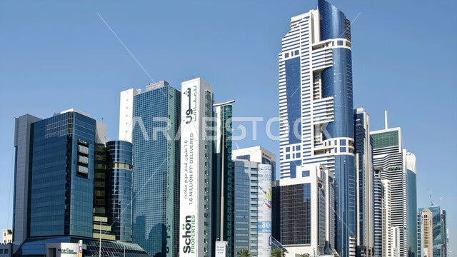 Modern architectural engineering art of towers and skyscrapers, the Blue Tower in Dubai during the day, attracting and attracting tourists from all over the world, the tourist facade in the United Arab Emirates, famous landmarks and tourist places