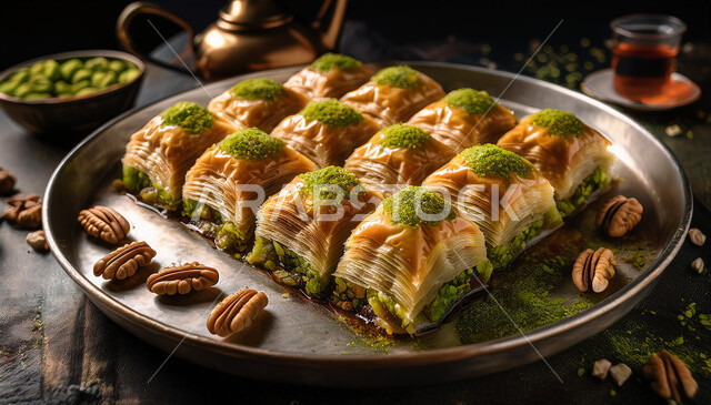 طبق من الحلويات العربية الشرقية، مأكولات غنية بالسكريات والسعرات الحرارية، قطع البقلاوة الشهية، حلى سعودي بالفستق والمكسرات، كرم الضيافة في المملكة العربية السعودية, منتجات محلية وطنية