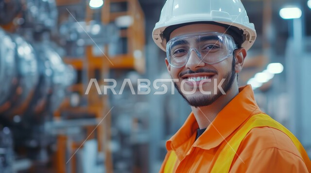 العمل في مصانع ومعامل المملكة العربية السعودية، صورة مقربة لمهندس صناعي عربي خليجي سعودي مبتسم يرتدي السترة وخوذة الحماية يضع النظارات الواقية ينظر الى الكاميرا بتعابير السرور، متابعة عمليات الانتاج وسير عمل الآلات، وظائف ومهن هندسية شبابية، خلفية المصنع