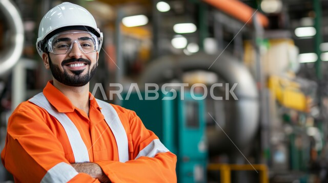 العمل في مصانع ومعامل المملكة العربية السعودية، صورة مقربة لمهندس صناعي عربي خليجي سعودي مبتسم يرتدي السترة وخوذة الحماية يضع النظارات الواقية يقف بأيدي متقاطعة بتعابير السرور والثقة، متابعة عمليات الانتاج وسير عمل الآلات، وظائف ومهن هندسية شبابية، خلفية المصنع