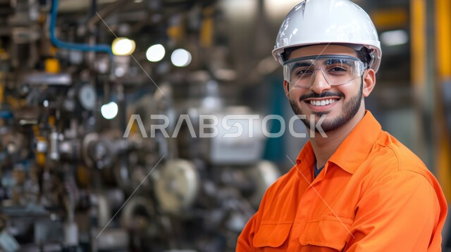وظائف ومهن هندسية شبابية, العمل في مصانع ومعامل المملكة العربية السعودية، صورة مقربة لمهندس صناعي عربي خليجي سعودي مبتسم يرتدي السترة وخوذة الحماية يضع النظارات الواقية ينظر الى الكاميرا بتعابير السرور،         متابعة عمليات الانتاج وسير عمل الآلات، خلفية المصنع