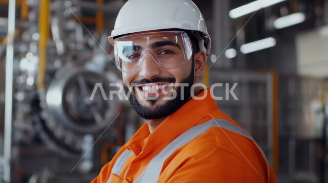 متابعة عمليات الانتاج وسير عمل الآلات، وظائف ومهن هندسية شبابية, العمل في مصانع ومعامل المملكة العربية السعودية، صورة مقربة لمهندس صناعي عربي خليجي سعودي مبتسم يرتدي السترة وخوذة الحماية يضع النظارات الواقية ينظر الى الكاميرا بتعابير السرور، خلفية المصنع