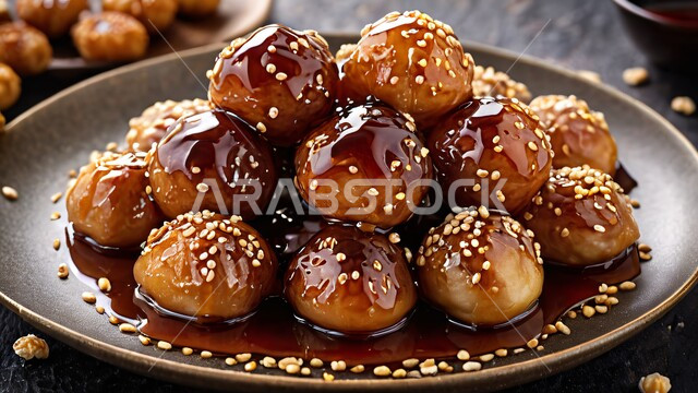 طبق من اللقيمات ذهبية اللون، حلا الزلابيات الشرقي المغموسة بدبس التمر، وصفات وأطباق الحلويات والسكريات، الحلوى الشهية واللذيذة، ضيافة المناسبات والأعياد العربية، كرات العجين المقلية الصغيرة المرشوشة بالسمسم