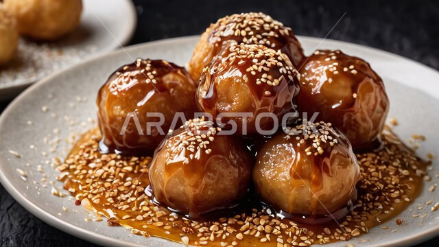 A plate of golden-colored luqaimat, oriental dumplings dipped in date molasses, recipes and sweet and sugary dishes, delicious and delicious desserts, hosting Arab occasions and holidays, small fried dough balls sprinkled with sesame.