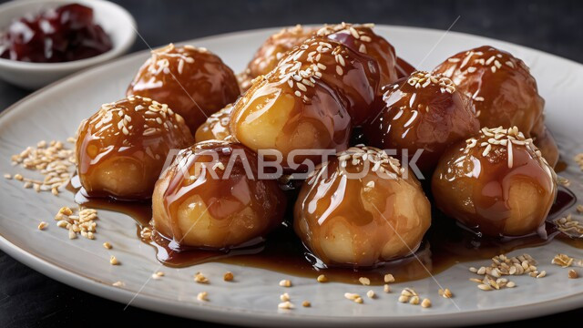 حلا الزلابيات الشرقي المغموسة بدبس التمر، وصفات وأطباق الحلويات والسكريات، الحلوى الشهية واللذيذة، ضيافة المناسبات والأعياد العربية، طبق من اللقيمات ذهبية اللون، كرات العجين المقلية الصغيرة المرشوشة بالسمسم