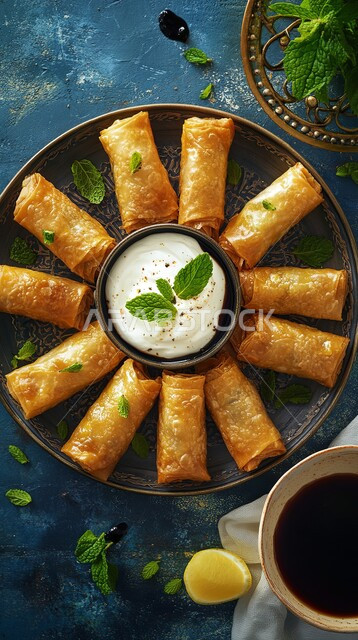 فطائر مقلية متنوعة الحشوات، أطباق رئيسية في سفرة إفطار شهر رمضان المبارك، وصفات المأكولات والأطعمة العربية الشرقية السعودية اللذيذة ، طبق من السمبوسك المقرمشة المحشية مع الصلصة، مقبلات رمضانية شهية