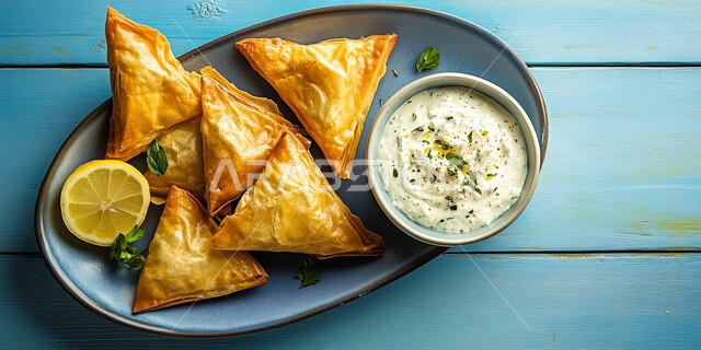 فطائر مقلية متنوعة الحشوات، أطباق رئيسية في سفرة إفطار شهر رمضان المبارك، وصفات المأكولات والأطعمة العربية الشرقية السعودية اللذيذة ، طبق من السمبوسك المقرمشة المحشية مع الصلصة، مقبلات رمضانية شهية