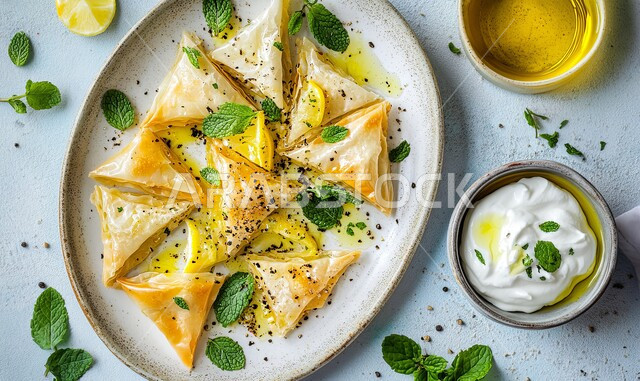 فطائر مقلية متنوعة الحشوات، أطباق رئيسية في سفرة إفطار شهر رمضان المبارك، وصفات المأكولات والأطعمة العربية الشرقية السعودية اللذيذة ، طبق من السمبوسك المقرمشة المحشية مع الصلصة، مقبلات رمضانية شهية