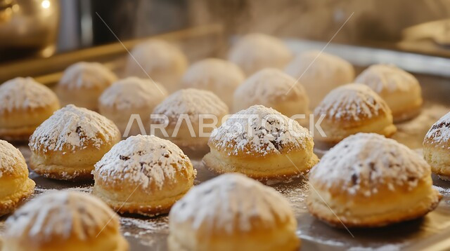 Happy Islamic holidays and occasions, hospitality and good reception in Saudi Arabia, how to prepare and cook delicious sweets, pieces of Eid sweets stuffed with dates, delicious maamoul cookies with dates