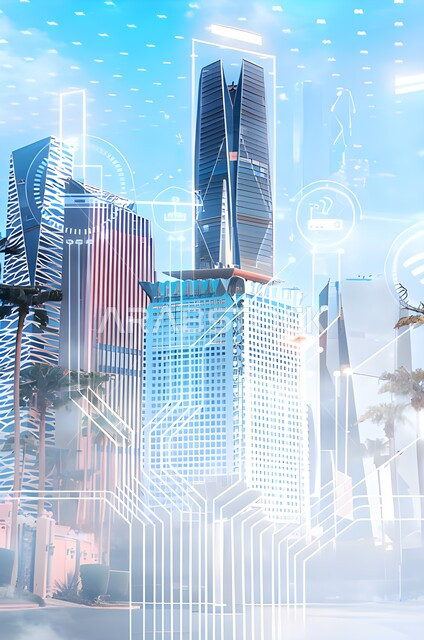 قطاع تكنولوجيا المعلومات الرقمية، شبكة الاتصالات الكبيرة ومفهوم المدينة الذكية، الفن الهندسي المعماري لأبراج(كافد) وناطحات السحاب على الطراز الحديث في المملكة العربية السعودية، التطور العمراني والنهضة التكنولوجيه، تطوير البنية التحتية، خلفية هولوجرامية لشبكة الاتصال حول ابراج مدينة الملك عبد الله المالية