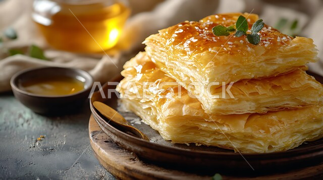 طبق من حلوى المطبق المزين بالعسل , فنون التقديم في مطاعم ومطابخ المملكة العربية السعودية, وصفات أطباق التحلية الشهية, الأكلات الغنية بالسكريات و السعرات الحرارية, الحلويات الشرقية المشهورة, الحلى العربي التقليدي اللذيذ