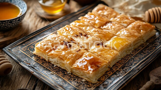 طبق من حلوى المطبق المزين بالعسل , فنون التقديم في مطاعم ومطابخ المملكة العربية السعودية, وصفات أطباق التحلية الشهية, الأكلات الغنية بالسكريات و السعرات الحرارية, الحلويات الشرقية المشهورة, الحلى العربي التقليدي اللذيذ