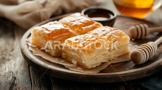 طبق من حلوى المطبق المزين بالعسل , فنون التقديم في مطاعم ومطابخ المملكة العربية السعودية, وصفات أطباق التحلية الشهية, الأكلات الغنية بالسكريات و السعرات الحرارية, الحلويات الشرقية المشهورة, الحلى العربي التقليدي اللذيذ