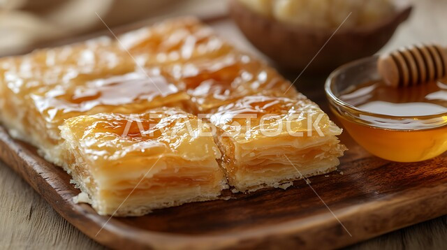 طبق من حلوى المطبق المزين بالعسل , فنون التقديم في مطاعم ومطابخ المملكة العربية السعودية, وصفات أطباق التحلية الشهية, الأكلات الغنية بالسكريات و السعرات الحرارية, الحلويات الشرقية المشهورة, الحلى العربي التقليدي اللذيذ