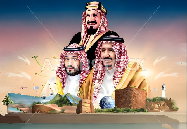 يوم بدينا ١٧٢٧م, الاحتفال بالأعياد والمناسبات الوطنية، اليوم الوطني السعودي٢٣ سبتمبر، لوحة فنية للملك عبد العزيز والملك سلمان وولي العهد الأمير محمد بن سلمان، معالم المملكة العربية السعودية المشهورة، ذكرى تأسيس الدولة السعودية الأولى٢٢فبراير