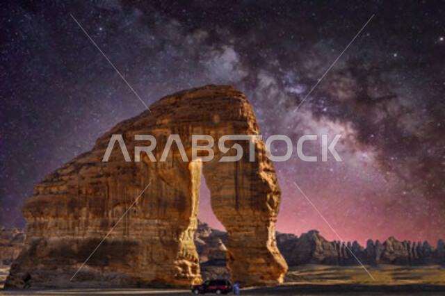 التشكيلات و التكوينات الصخرية في مدينة العلا، صخرة الفيل في المملكة العربية السعودية، الحضارات القديمة والمعالم التاريخية الأثرية، القمم والمرتفعات الجبلية، منظر السماء المليئة بالنجوم والسحب البيضاء، الأماكن والمناطق الصحراوية المشهورة