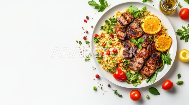 طبق من اللحم المشوي مع سلطة ملونة وزينة , وجبة ذات قيمة غذائية عالية، فنون التقديم في مطاعم ومطابخ المملكة العربية السعودية، أطباق من المأكولات العربية التقليدية الشعبية، وصفات طعام شهية صحية ولذيذة