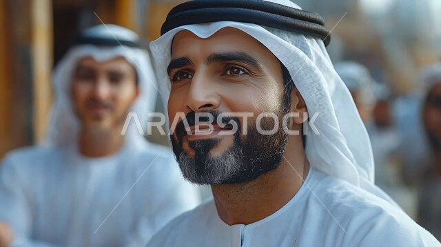 الاهتمام بالمظهر الخارجي، مفهوم الأناقة و الشياكة والرجولة، صورة مقربة لرجل عربي خليجي اماراتي يرتدي الزي الغترة والكندورة يقف باستقامة ينظر إلى شيء ما بإيماءات الثقة بالنفس والسرور