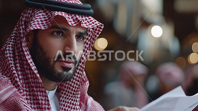 ايماءات الثقة بالنفس والجدية, صورة مقربة لرجل عربي خليجي سعودي مبتسم يرتدي الثوب التقليدي والشماغ يحمل بيده أوراق بيضاء ينظر الى شيء ما، مفهوم الاناقة والاهتمام بالمظهر الخارجي
