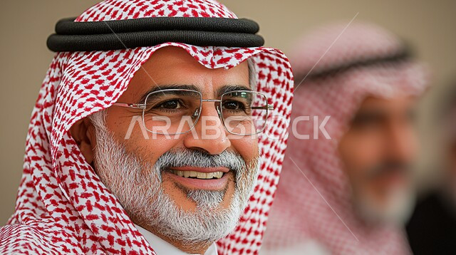  مفهوم الاناقة والاهتمام بالمظهر الخارجي, صورة مقربة لرجل مسن عربي خليجي سعودي مبتسم يرتدي الثوب التقليدي والشماغ والنظارات الطبية ينظر الى شيء ما، ايماءات الثقة بالفس والسرور