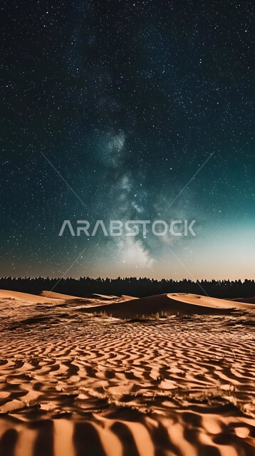 المناظر الطبيعية والرمال الذهبية الناعمة في الصحراء في النهار، الكثبان والتضاريس الطبيعية في المملكة العربية السعودية، التكوينات والتشكلات الرملية في الصحاري، الجو القاسي والجاف في الأراضي القاحلة، خلفية السماء المليئة بالنجوم 