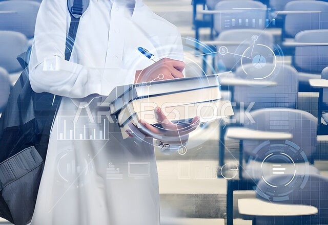 3D hologram elements, close-up of a Saudi Arabian Gulf student's hand holding a stack of books taking notes, studying for school tests, reviewing daily lessons, education in Saudi Arabia, writing scientific reports and research