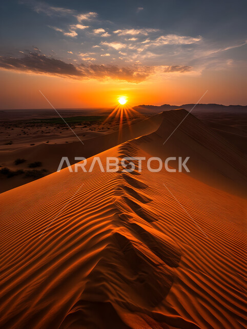 التكوينات والتشكيلات الرملية في صحراء المملكة العربية السعودية، التضاريس و المرتفعات والقمم الجبلية في البراري، الهضاب و التلال من الرمال الناعمة في مناطق البادية, البيئة الطبيعية الصحراوية عند غروب الشمس