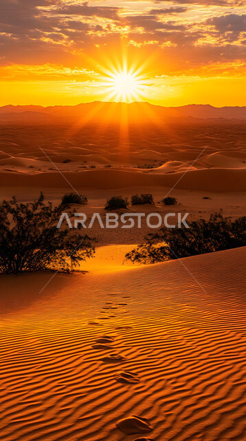 Sand formations and formations in the desert of Saudi Arabia, terrain and heights and mountain peaks in the prairies, plateaus and hills of soft sand in the desert areas, the natural desert environment at sunset