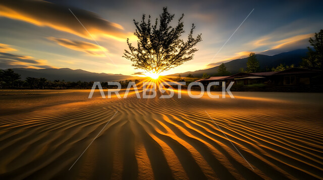 Sand formations and formations in the desert of Saudi Arabia, terrain and heights and mountain peaks in the prairies, plateaus and hills of soft sand in the desert areas, the natural desert environment at sunset