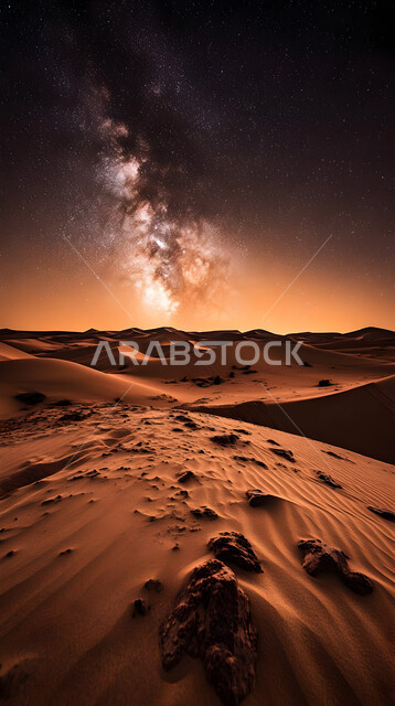 مجرة درب التبانة والسماء المرصعة بالنجوم في الصحراء ليلاً, مناطق البادية والبيئة الطبيعية الصحراوية، المناخ الصحراوي الجاف في المملكة العربية السعودية، التضاريس والكثبان الرملية الناعمة في الاماكن البرية