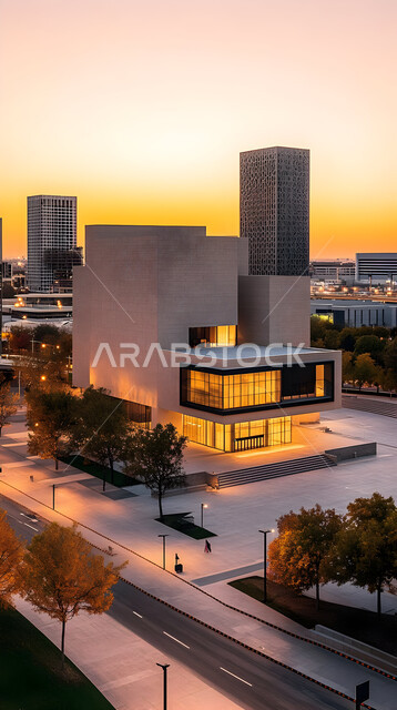 الفن الهندسي المعماري بواجهات زجاجية ضخمة, ديكورات وتصاميم خارجية عصرية متميزة على الطراز الحديث, النمو والتقدم العمراني للمباني المضيئة ليلا, الاهتمام بزراعة الأشجار والنباتات الخضراء، المنتجعات والمجمعات السكنية الراقية في المملكة العربية السعودية